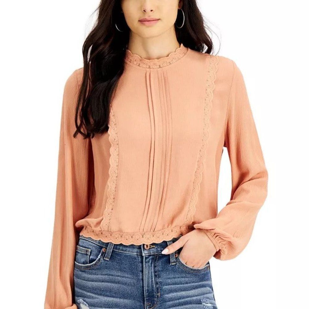 Self Esteem Juniors' Pleated Lace-Trim Blouse
